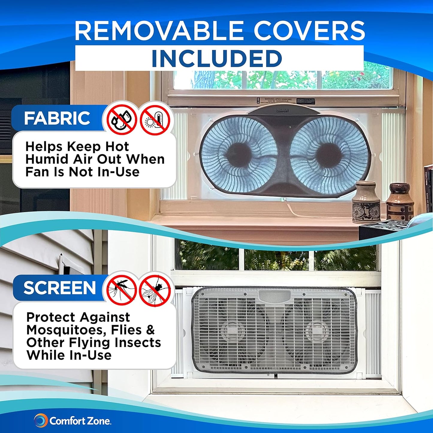 Comfort Zone 9-Inch Window Fan with Dual 3-Speed Fans, Auto-Locking Expanders, 3 Modes (Cool, Circulate, Exhaust), Wi-Fi App Control, Fabric Cover & Bug Screen