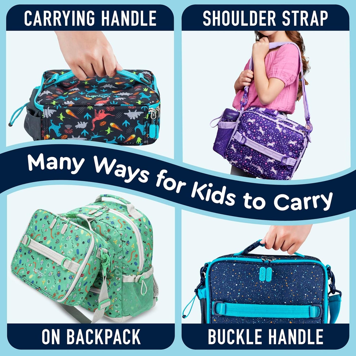 Bentgo® Kids Lunch Bag - Durable, Double Insulated, Water-Resistant Fabric, Interior & Exterior Zippered Pockets, Water Bottle Holder - Ideal for Children 3+ (Shark)