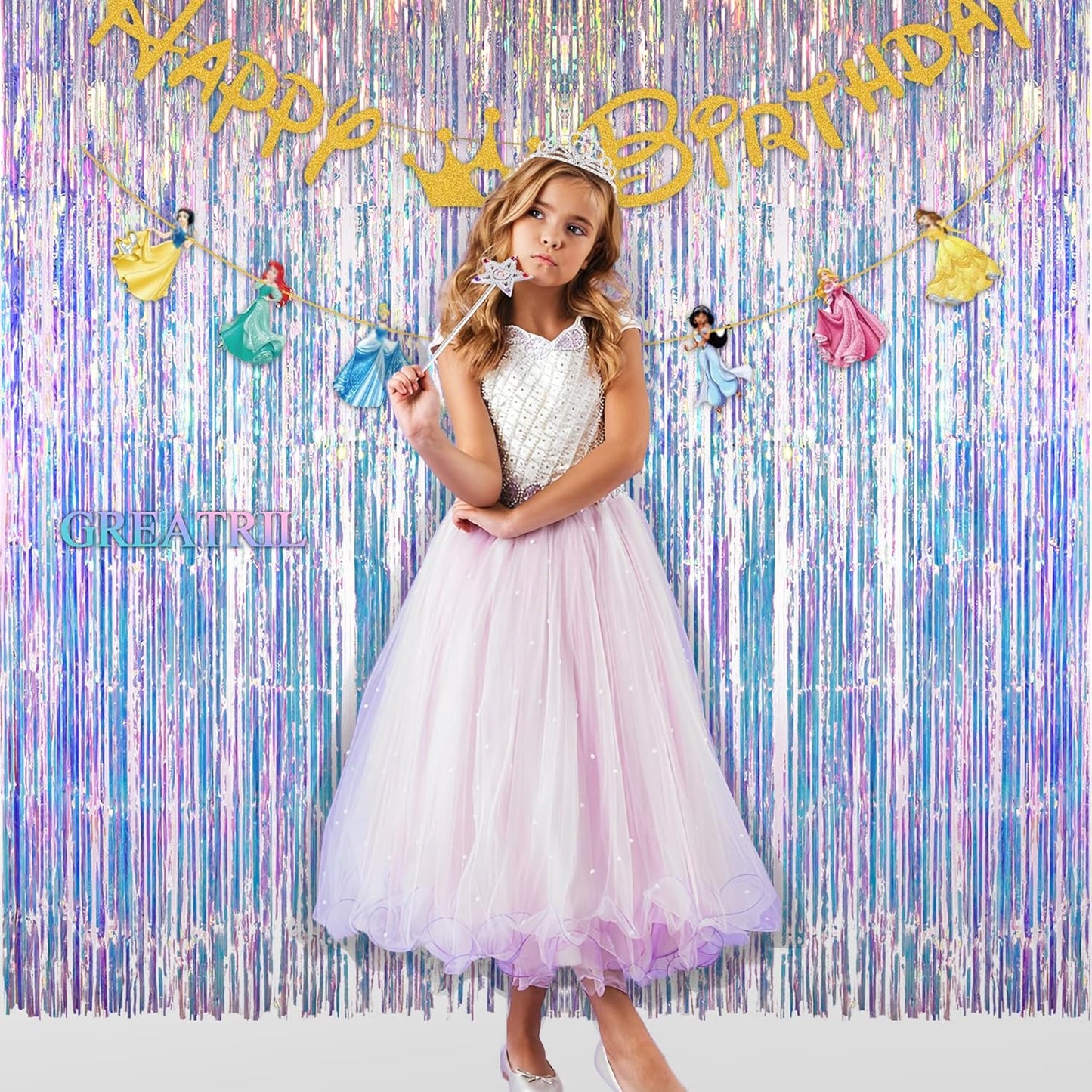 GREATRIL Iridescent Party Tinsel Fringe Backdrop Decorations - Holographic Foil Streamers Curtain for Mermaid/Under The Sea/Frozen/Ocean/Disco/Birthday Themed 3.2ft x 6.5ft - 2 PCS