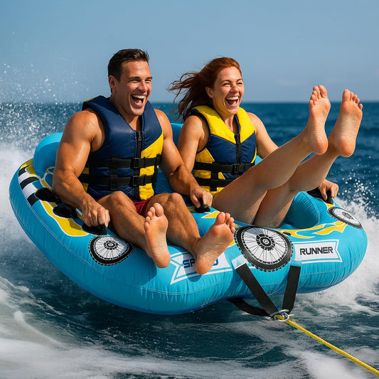 SereneLife Heavy-Duty Inflatable Towable Booster Tube - Water Tube Boating Float Tow Raft, Watersports Inflatable Pull Boats/Tubes/Towables w/Foam Seats, PVC Bladder, Handles