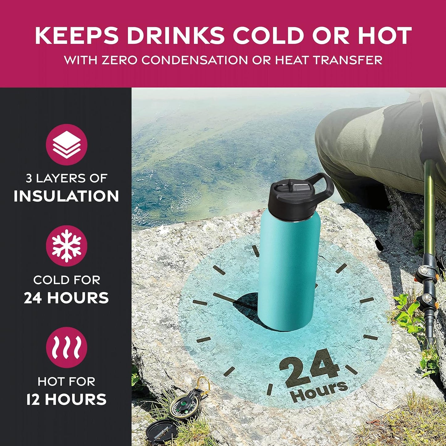 FineDine Water Bottle - Stainless Steel Insulated Water Bottle with Straw Lid, Flip Lid & Wide-Mouth Cap - Keeps Hot and Cold - 25 Oz / 739ml - Pure Pearly White
