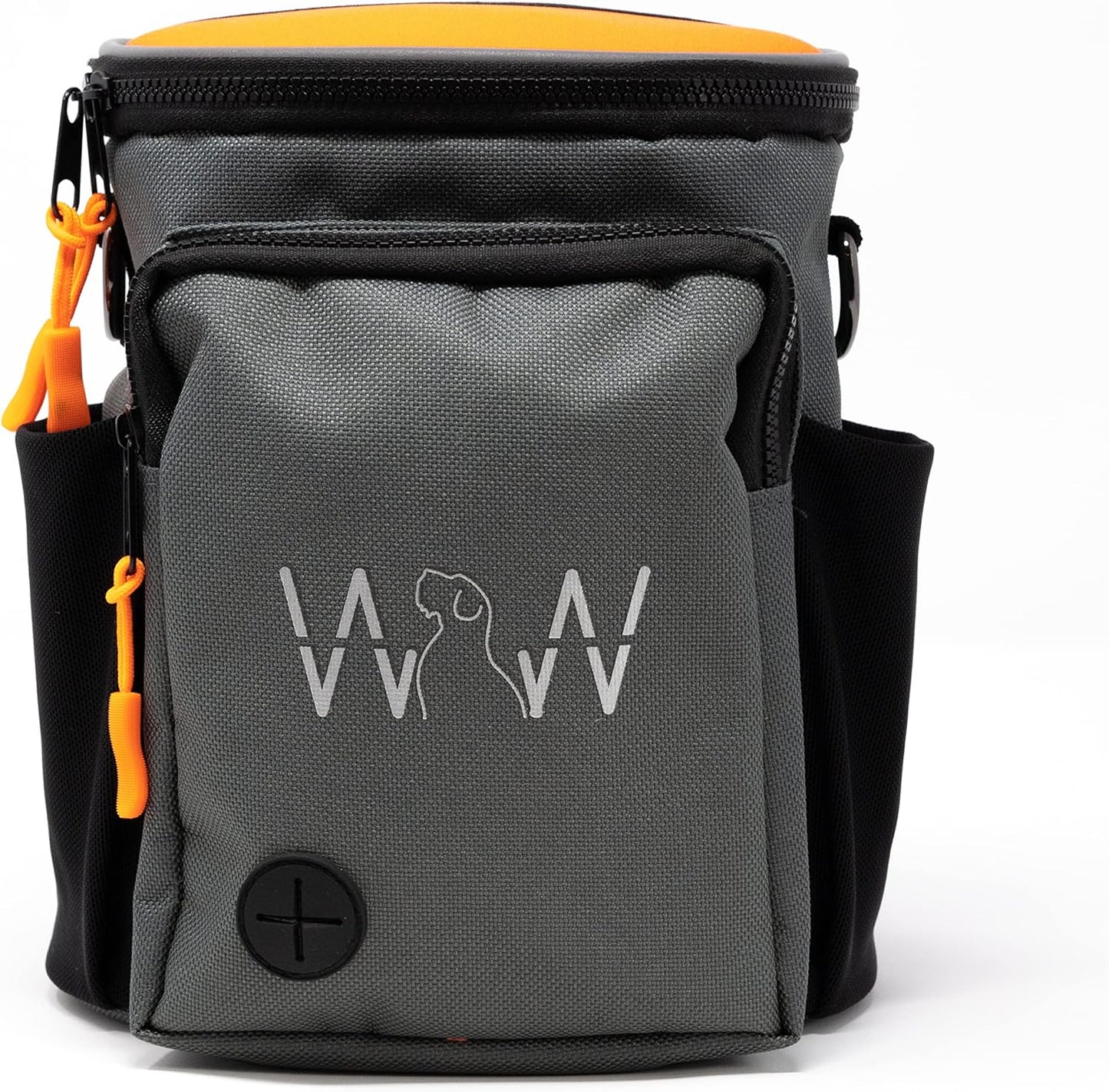 Wolf in Winter Multipurpose Dog Treat Pouch with Neoprene Split Top Dog Training Treat Pouch Bag with Shoulder Strap, Belt and Clip, Exterior Storage Pocket (Orange)