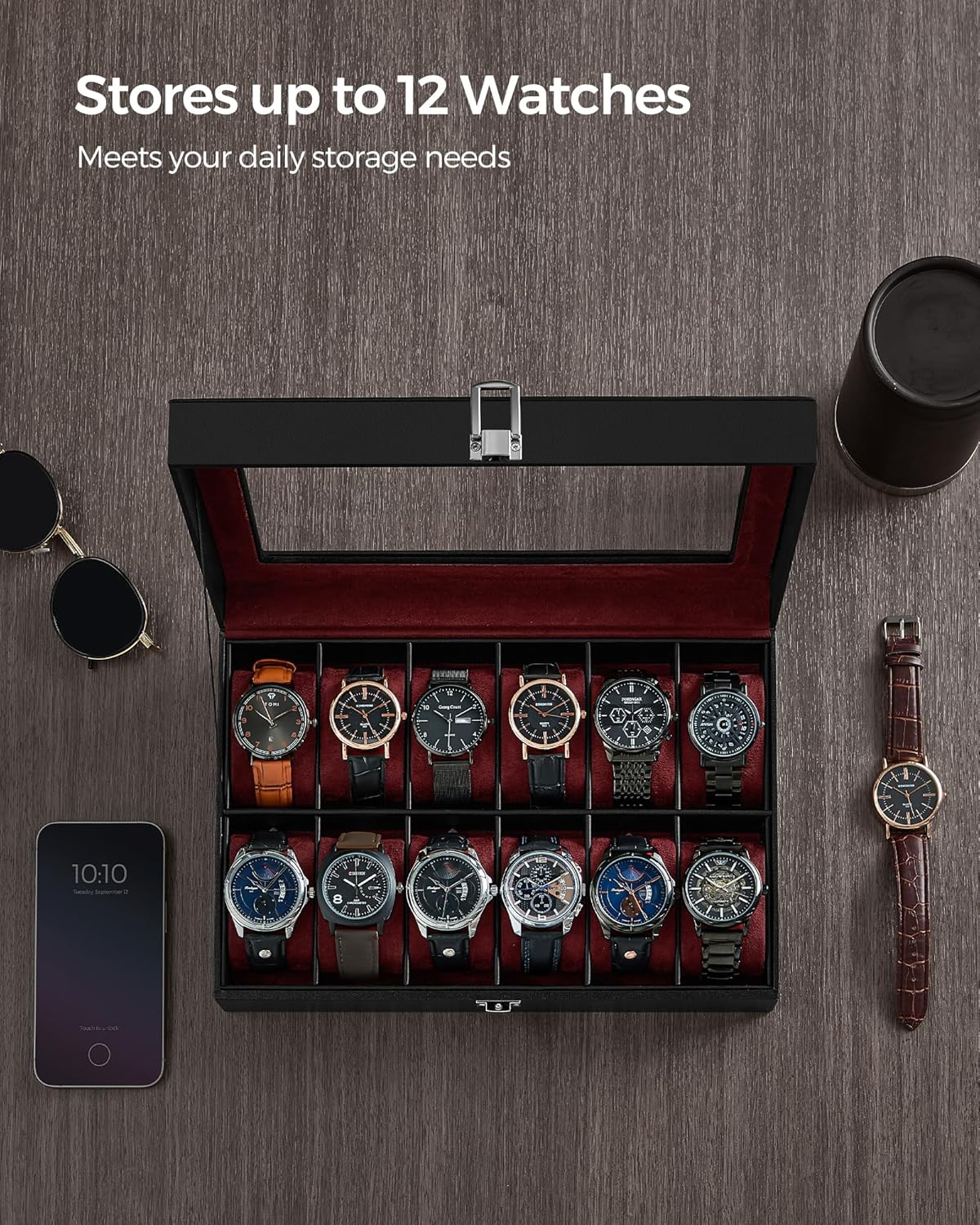 SONGMICS Watch Box, 6-Slot Watch Case, Watch Box Organizer, Black Synthetic Leather, Greenish Gray Lining UJWB06BK