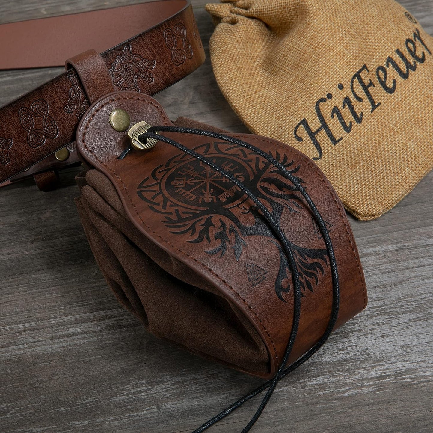 HiiFeuer Medeival Faux Leather Pouch, Portable Drawstring Purse, Vintage Belt Pouch Dice Bag For LARP Ren Faire