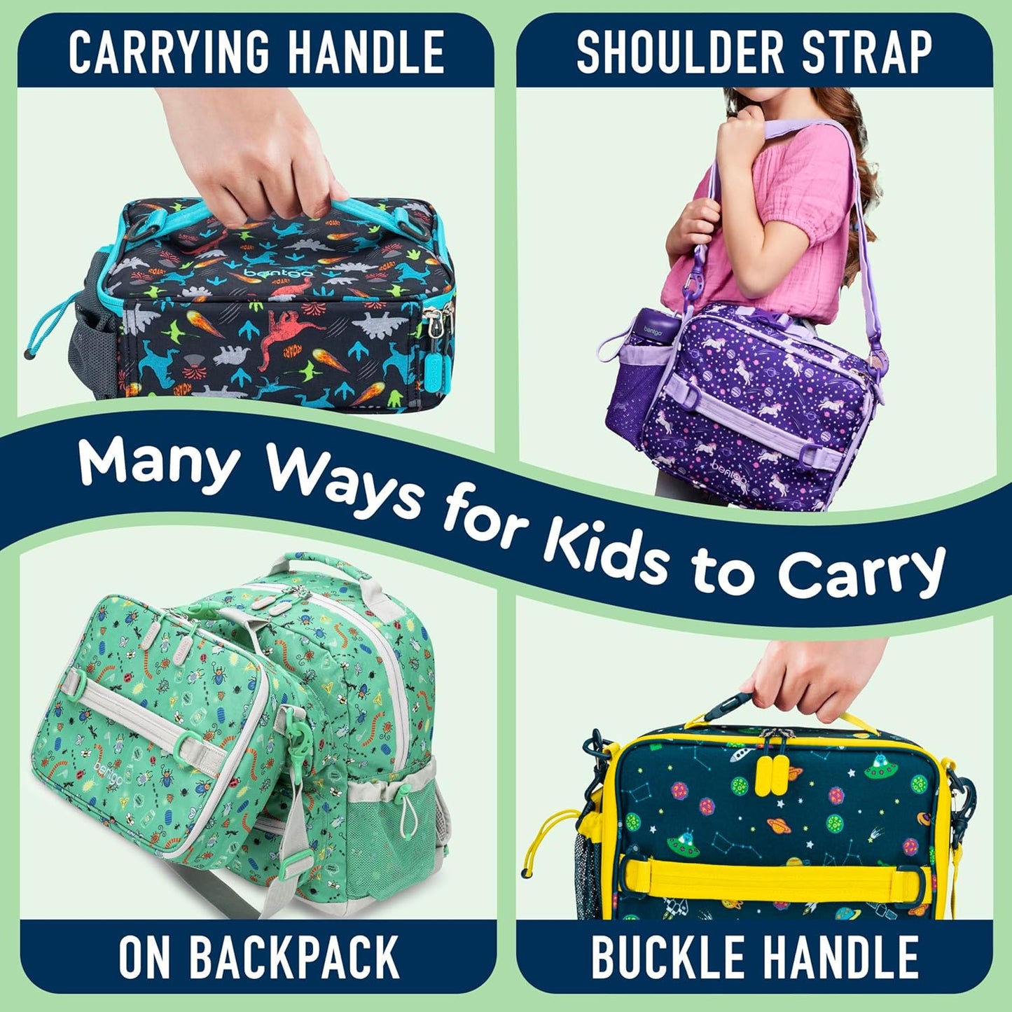 Bentgo® Kids Lunch Bag - Durable, Double Insulated, Water-Resistant Fabric, Interior & Exterior Zippered Pockets, Water Bottle Holder - Ideal for Children 3+ (Shark)