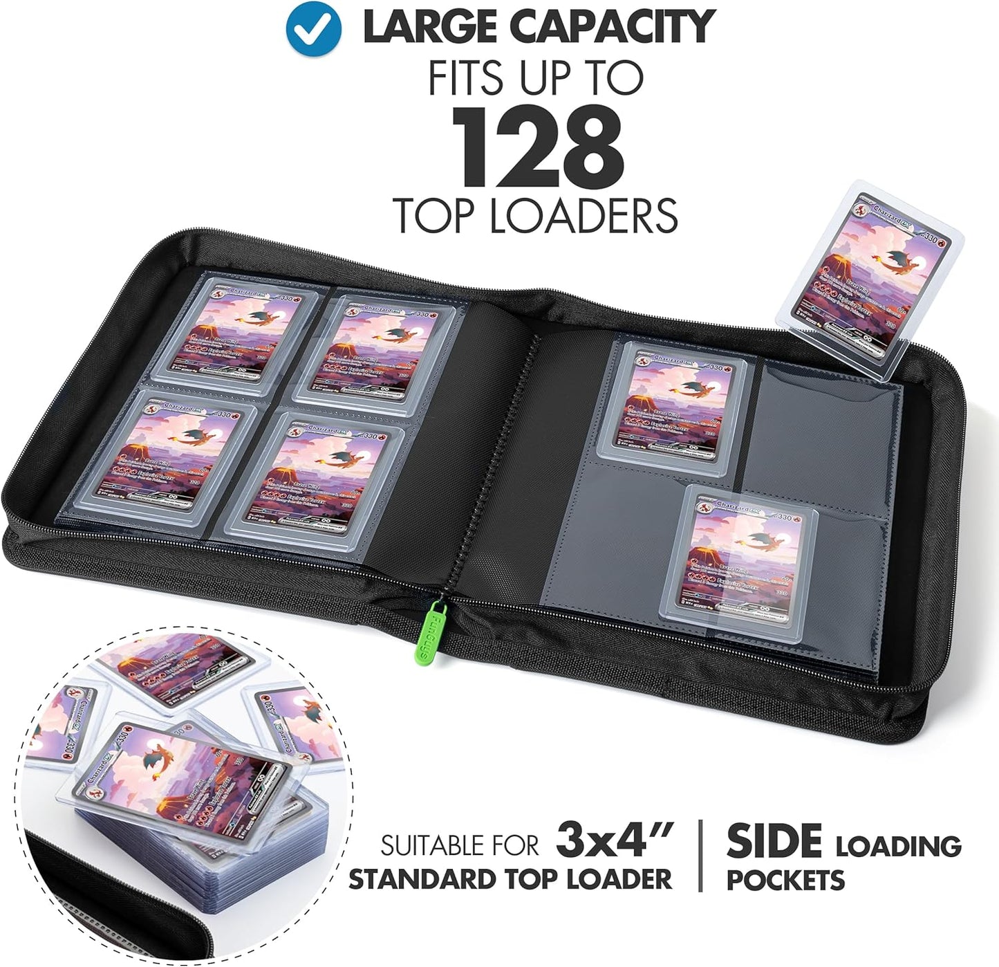 FunGuys Toploader Binder, Trading Card Binder Storage,128 4 Pocket Top Loader Pokemon Binder, Card Collection Yugioh Cards, MTG, TCG, Folders for Trading Cards