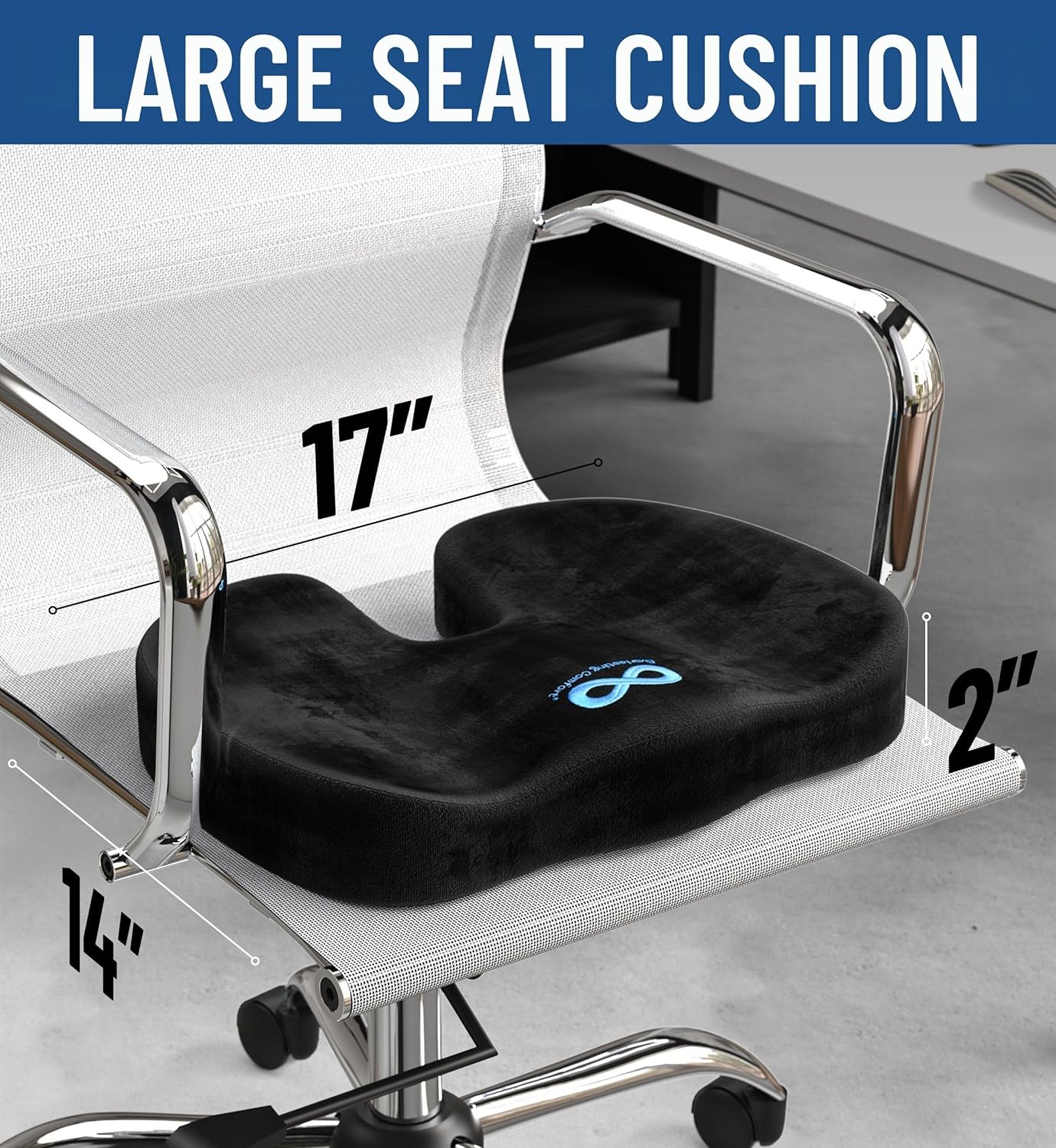 Everlasting Comfort Memory Foam Seat Cushion - Office Chair Cushion for Work, Travel, Car Support Pillow for Driving - Portable Seat for Chairs and Desks - Coussin Chaise - Black