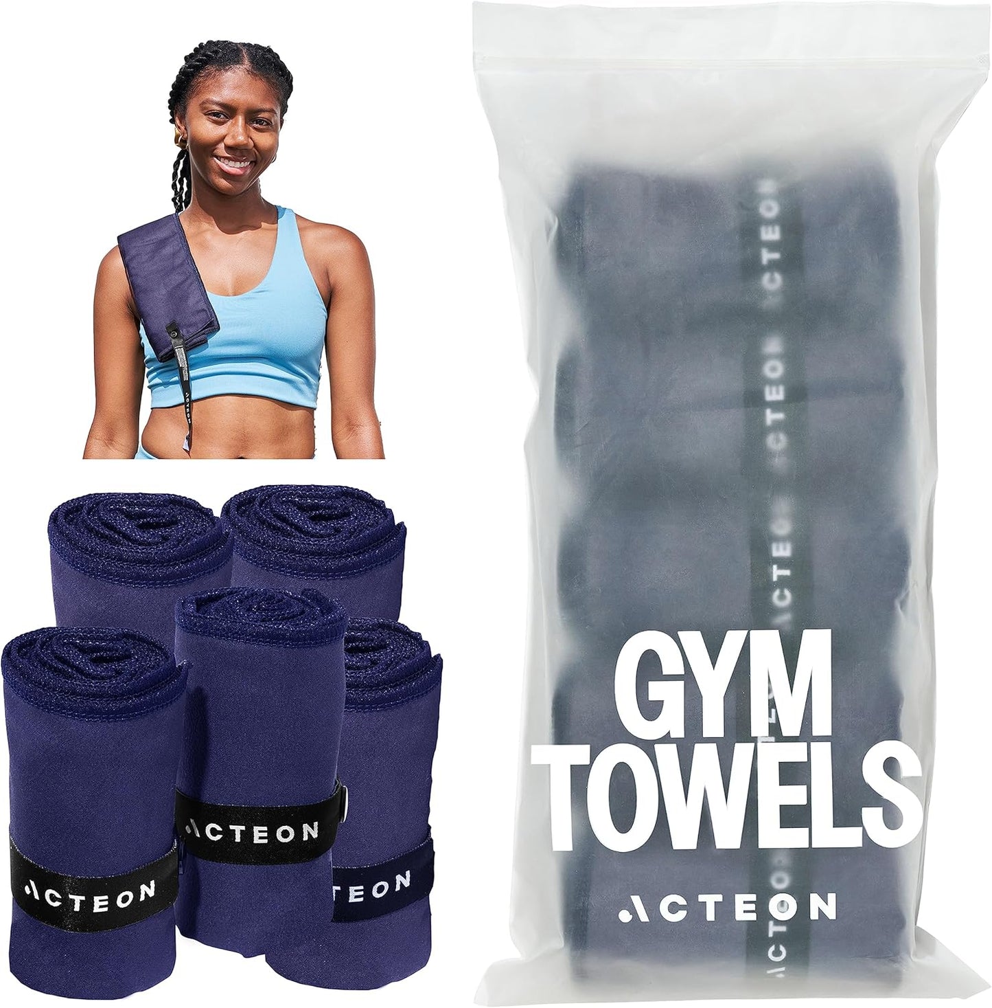 Acteon Microfiber Quick Dry Gym Towel, Silver ION Odor-Free Mega Absorbent Fiber Fast Drying Men Women Workout Gear for Body Sweat, Beach, Camping, Working Out Travel Towels