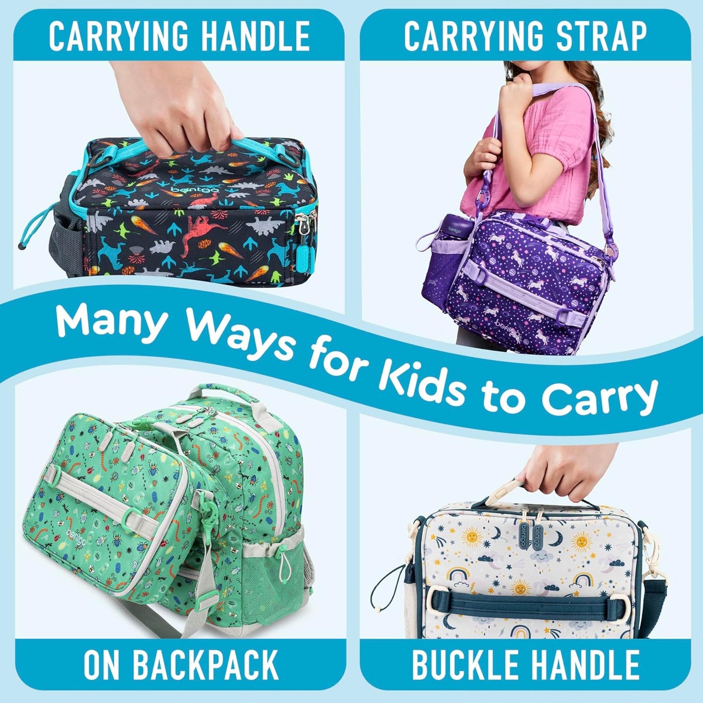 Bentgo® Kids Lunch Bag - Durable, Double Insulated, Water-Resistant Fabric, Interior & Exterior Zippered Pockets, Water Bottle Holder - Ideal for Children 3+ (Shark)