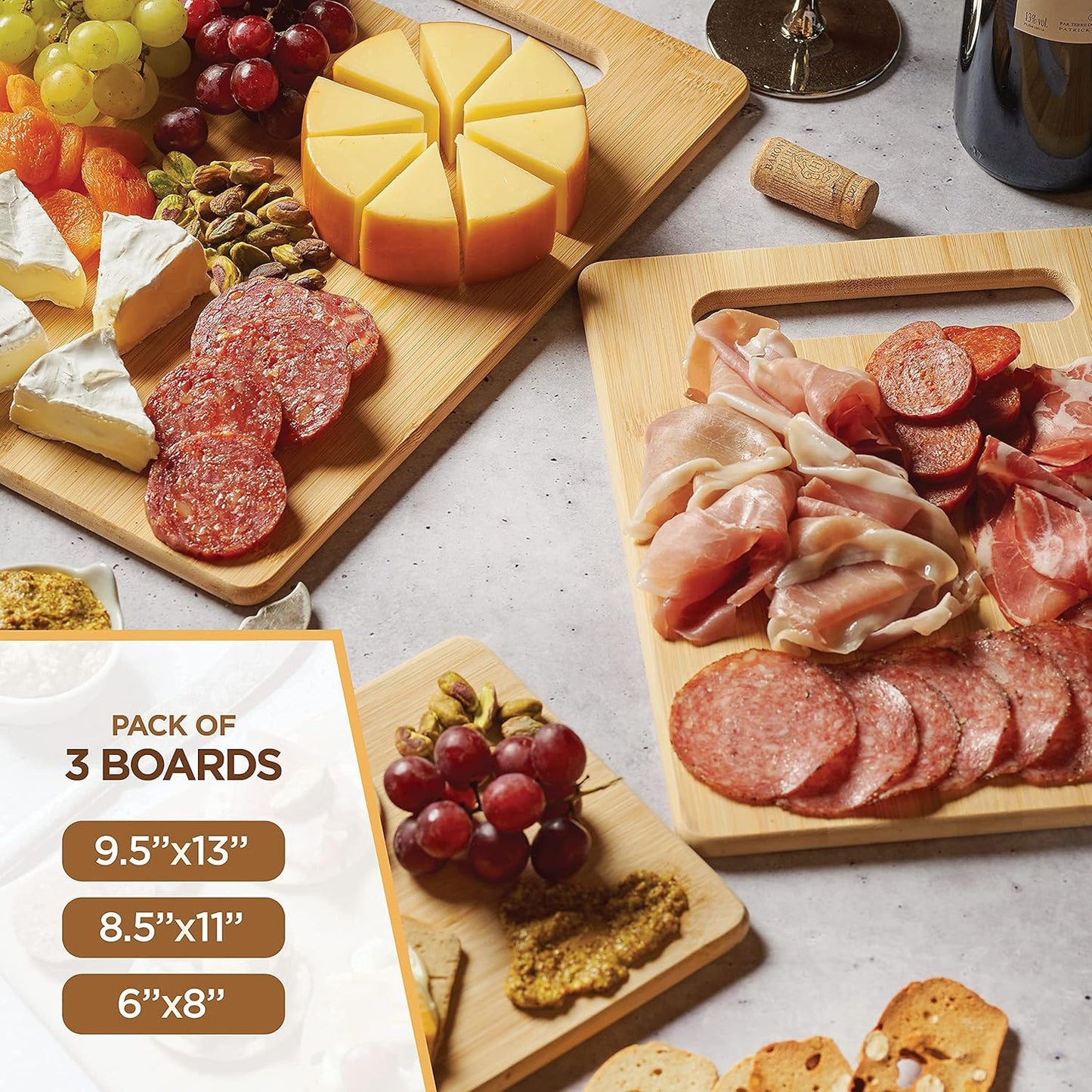 Bamboo Cutting Board Set - 3 Piece Wooden Cutting Board, 3 Assorted Sizes of Bamboo Wood Cutting Boards for Kitchen - Chopping Board for Food Prep, Chopping, Carving Meat, Fruits, Vegetables