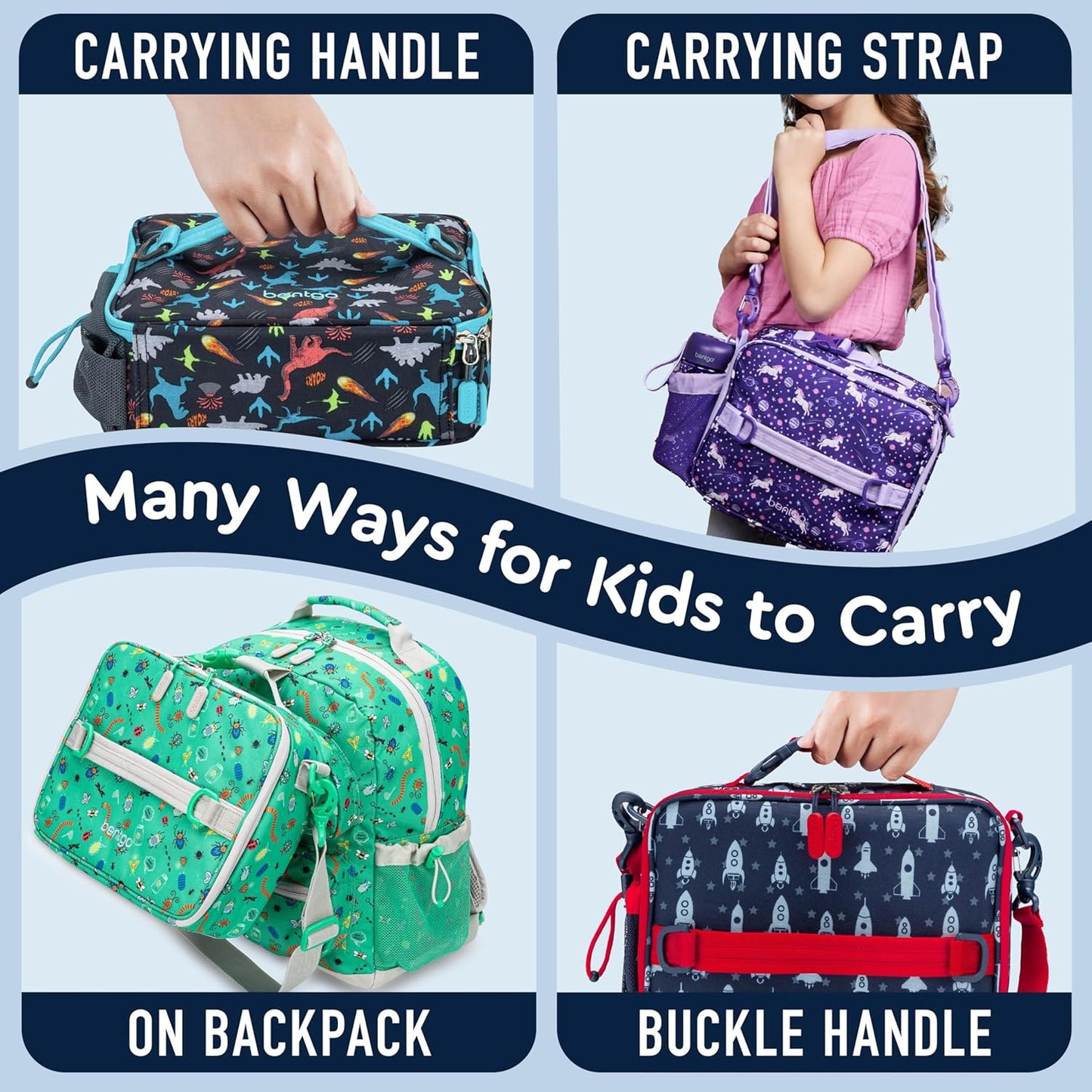 Bentgo® Kids Lunch Bag - Durable, Double Insulated, Water-Resistant Fabric, Interior & Exterior Zippered Pockets, Water Bottle Holder - Ideal for Children 3+ (Shark)