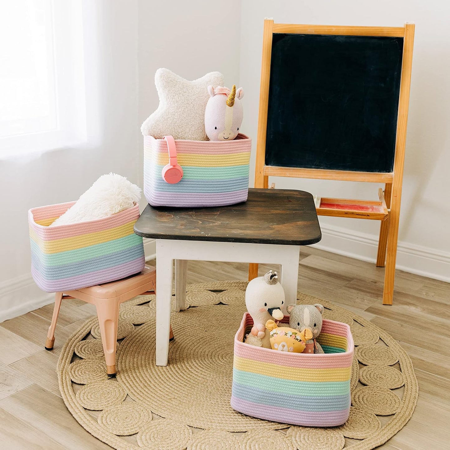OrganiHaus Soft Woven Baskets for Storage Organization Set of 3, Cotton Rope Nursery Storage Baskets for Shelves, Square Book Bins, Bathroom Towel Hamper, Dog Toy Bins, Panier Rangement - Light Honey