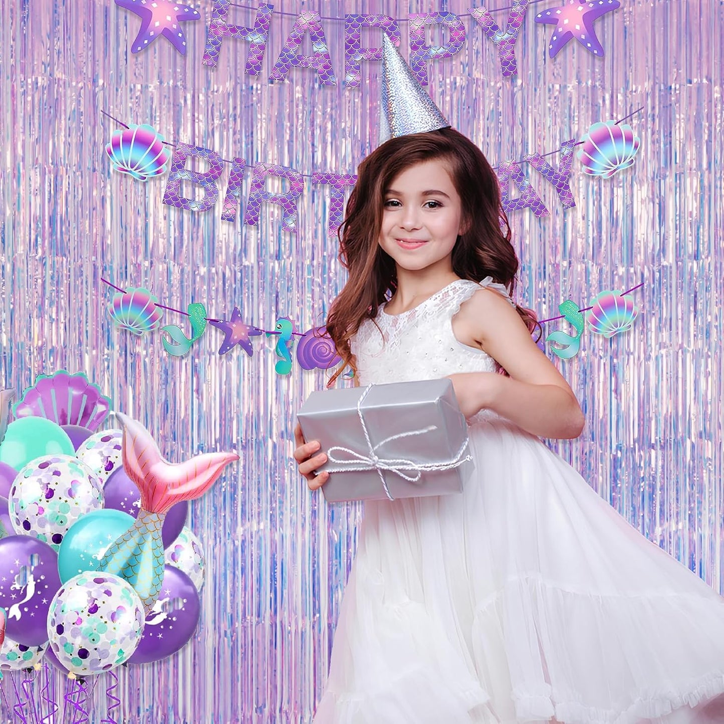 GREATRIL Iridescent Party Tinsel Fringe Backdrop Decorations - Holographic Foil Streamers Curtain for Mermaid/Under The Sea/Frozen/Ocean/Disco/Birthday Themed 3.2ft x 6.5ft - 2 PCS
