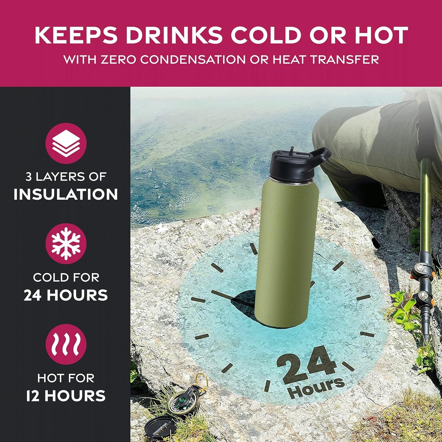 FineDine Water Bottle - Stainless Steel Insulated Water Bottle with Straw Lid, Flip Lid & Wide-Mouth Cap - Keeps Hot and Cold - 25 Oz / 739ml - Pure Pearly White