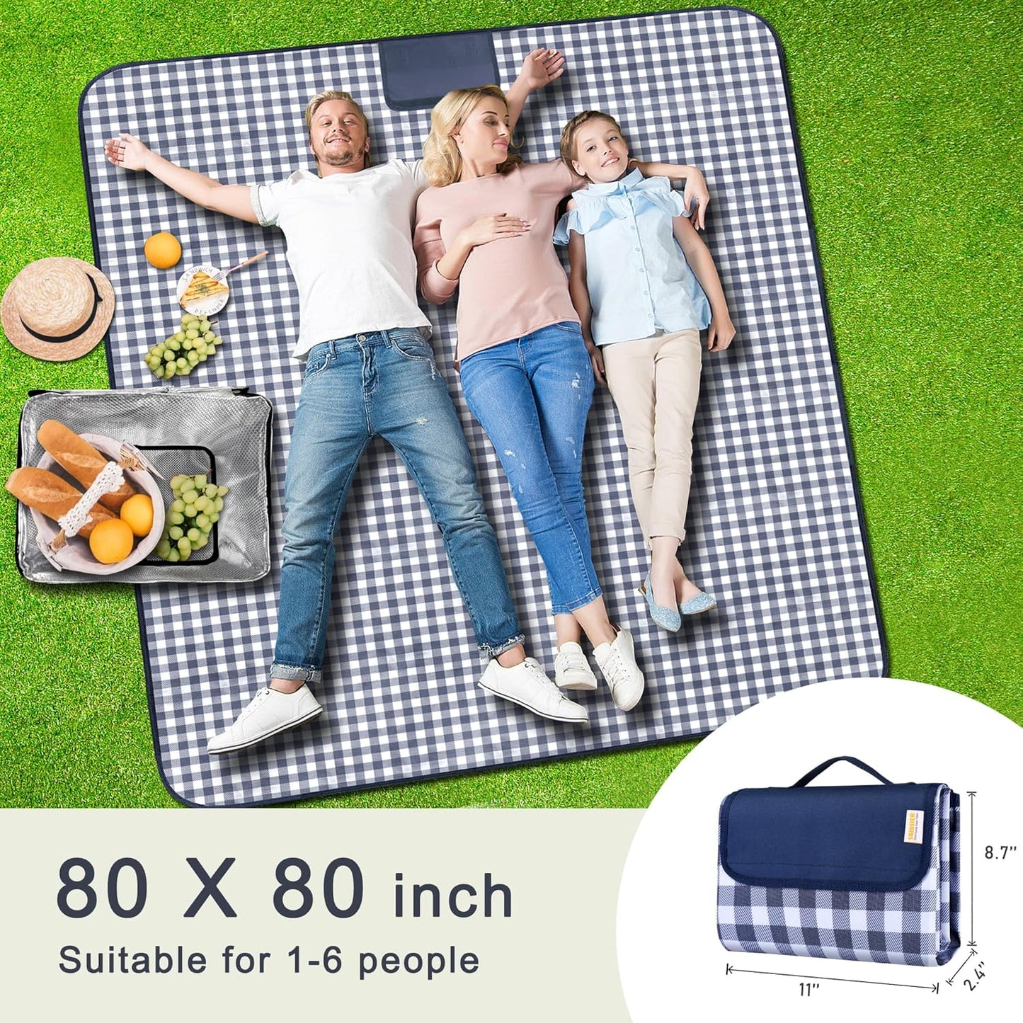 SAMSIER Large Outdoor Picnic Blankets Waterproof Foldable, Beach Blanket Sandproof Portable, Cute Picnic Mat Washable (Navy Blue, 60"×80")