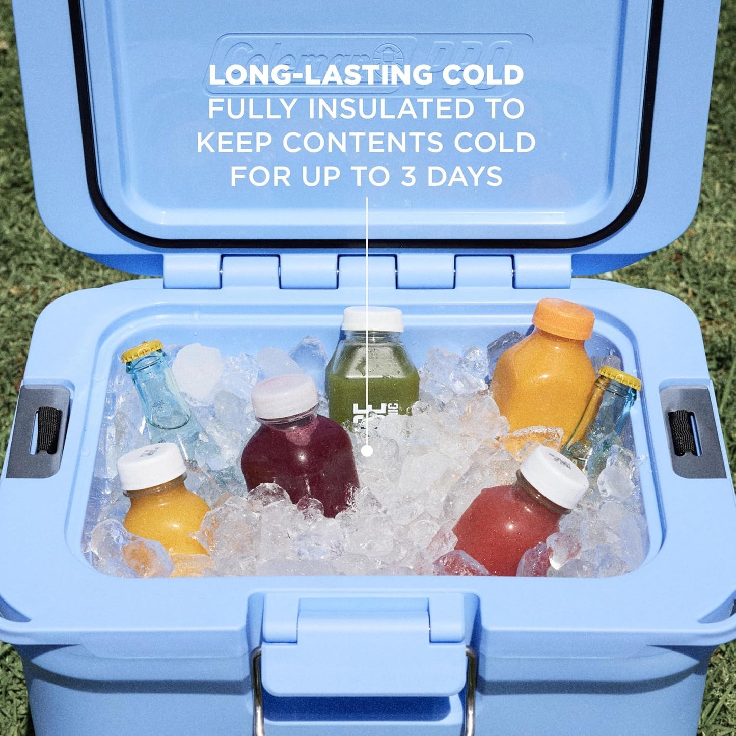 Coleman Pro Heavy-Duty Ultra-Light Premium Hard Cooler, 92/74/36-Can Capacity, Extra-Thick Insulation Keeps Ice up to 5/4/3 Days, 55-Quart Wheeled Cooler or 45/25 qt (No Wheels), Blue Sky