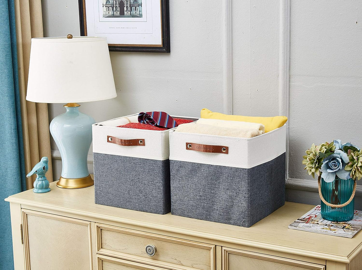 DECOMOMO Fabric Cube Storage Bin - Storage Baskets for Shelves, Kallax (Grey & White, 13 inch Cube) - 4 Pack