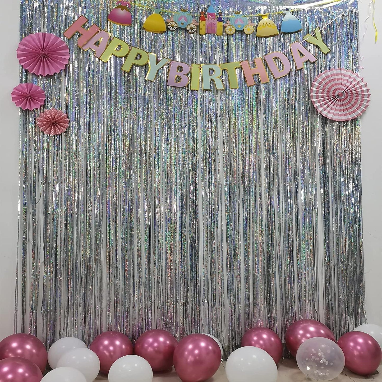 BRAVESHINE Pink Glitter Tinsel Foil Fringe Curtain - 2 Pcs 3.2x8.2 ft Metallic Party Supplies Photo Backdrop for Girl Princess Birthday Unicorn Bachelorette Butterfly Bridal Shower Party Decorations