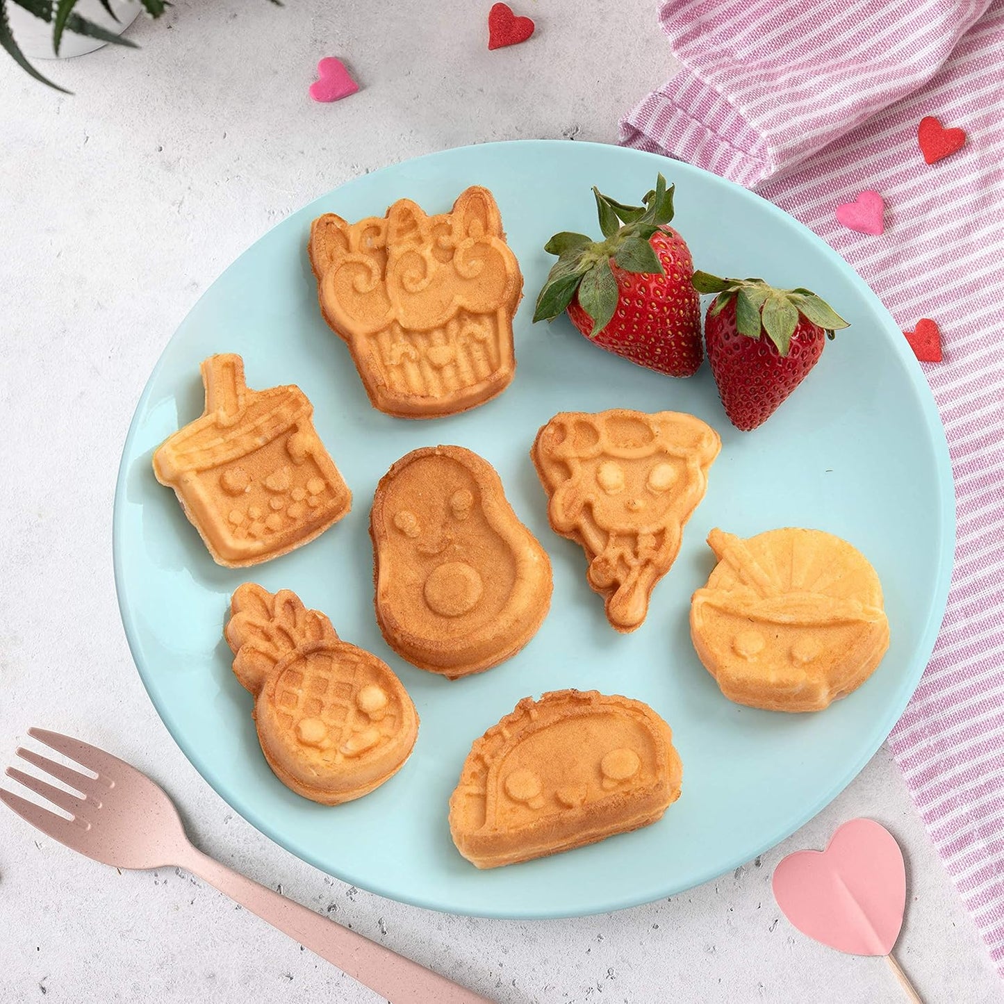 Kawaii Fun Snacks Mini Waffle Maker - 7 Different Food Emoji Designs Featuring an Avocado, Pizza, Ramen, Taco & More - The Cool Electric Waffler Gift for Amazing Kid's Breakfasts and Holiday Gifts