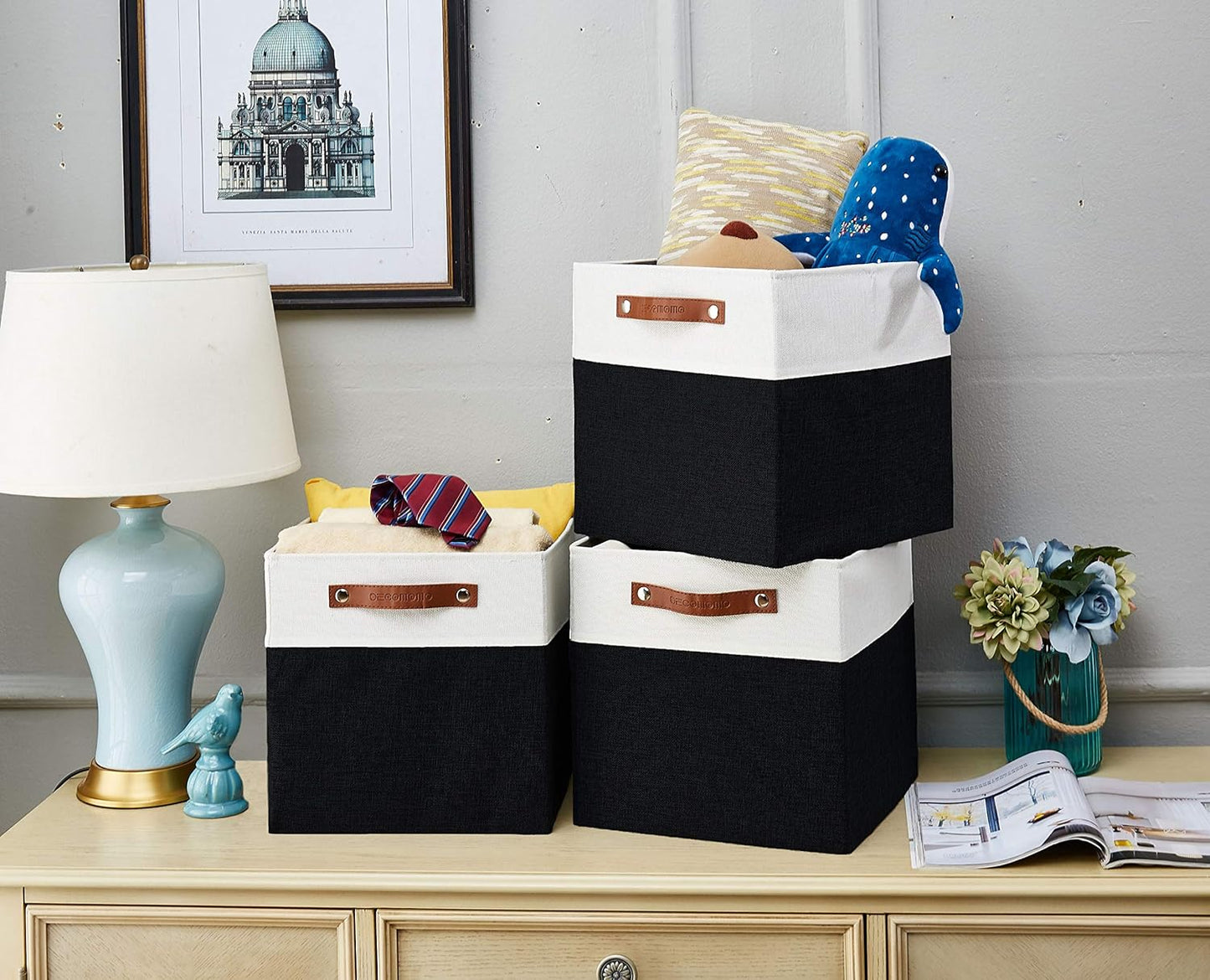 DECOMOMO Fabric Cube Storage Bin - Storage Baskets for Shelves, Kallax (Grey & White, 13 inch Cube) - 4 Pack