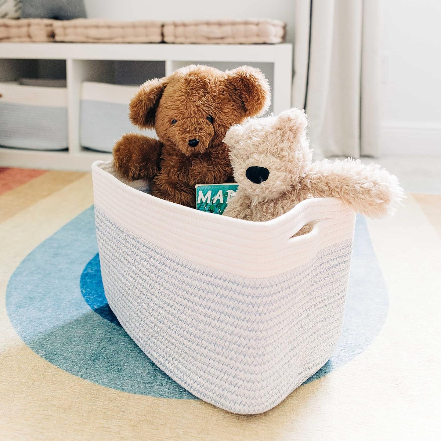 OrganiHaus Soft Woven Baskets for Storage Organization Set of 3, Cotton Rope Nursery Storage Baskets for Shelves, Square Book Bins, Bathroom Towel Hamper, Dog Toy Bins, Panier Rangement - Light Honey