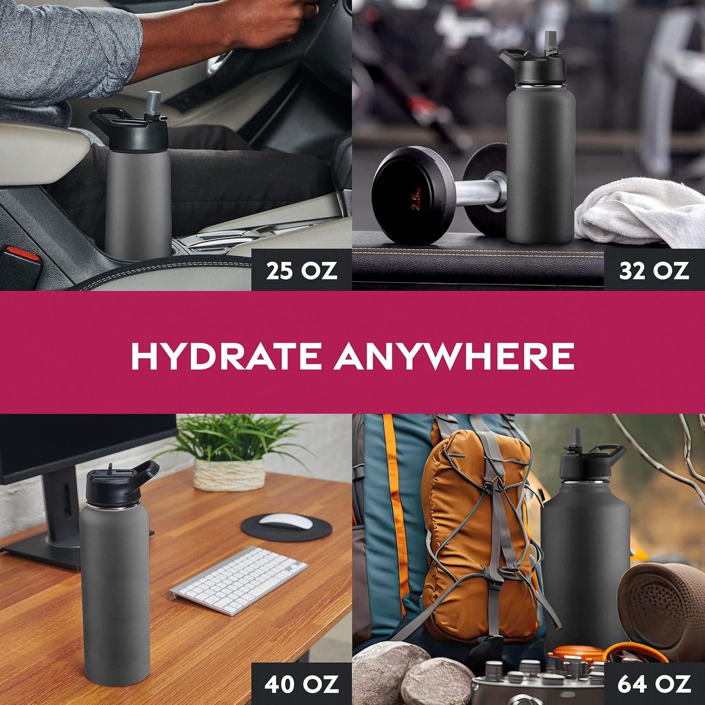 FineDine Water Bottle - Stainless Steel Insulated Water Bottle with Straw Lid, Flip Lid & Wide-Mouth Cap - Keeps Hot and Cold - 25 Oz / 739ml - Pure Pearly White