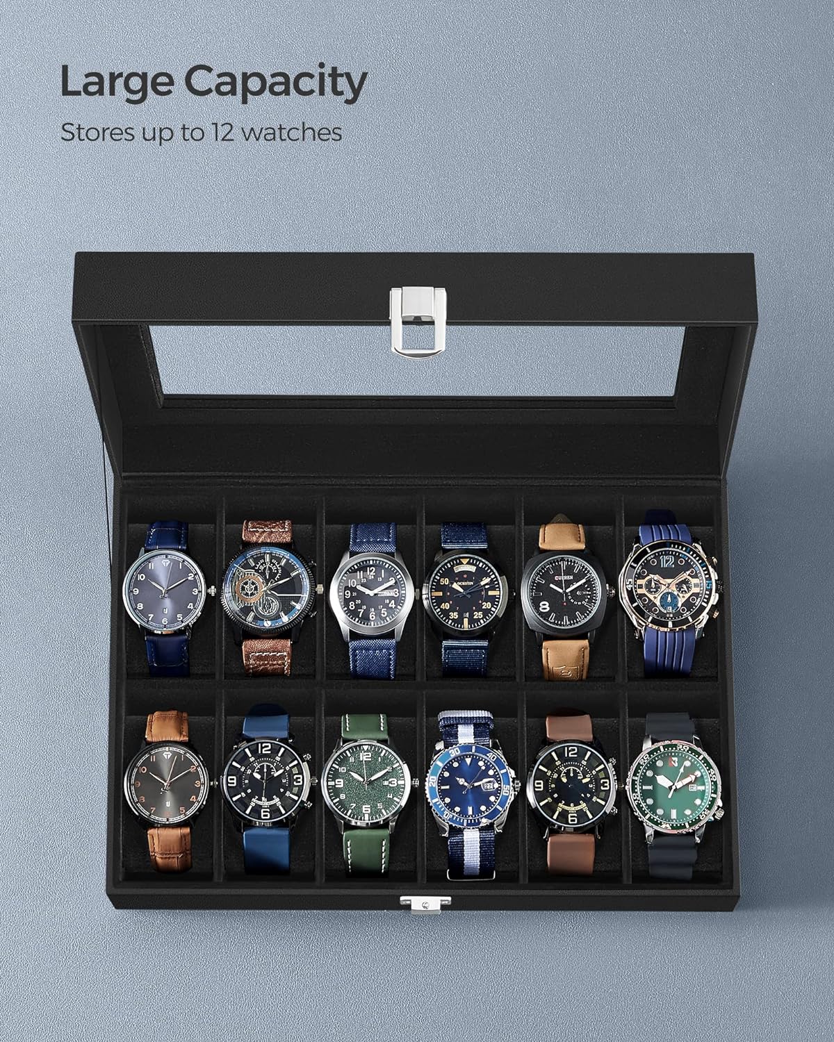 SONGMICS Watch Box, 6-Slot Watch Case, Watch Box Organizer, Black Synthetic Leather, Greenish Gray Lining UJWB06BK