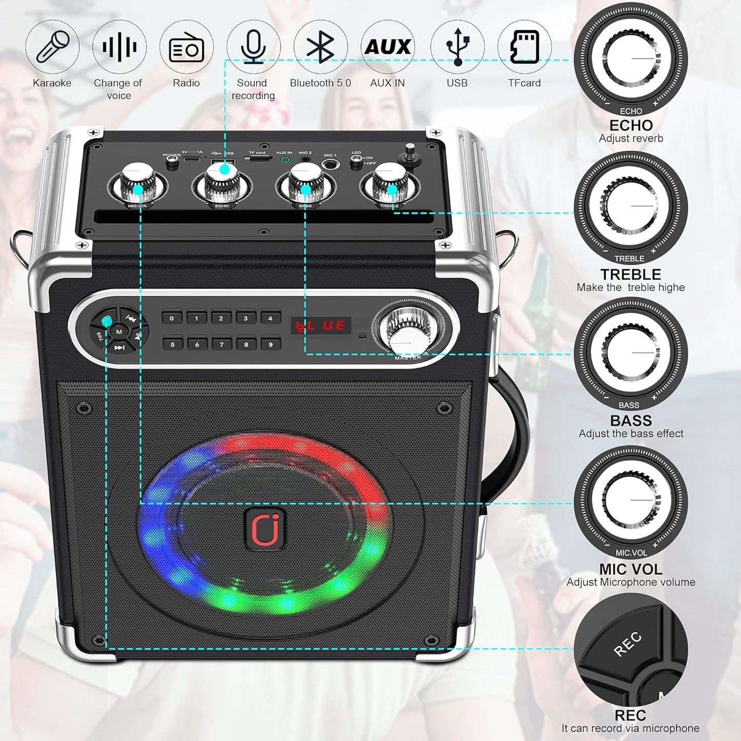 JYX Karaoke Machine with Two Wireless Microphones, Portable Bluetooth Speaker with Bass/Treble Adjustment, Remote Control and LED Lights, Supports TF Card/USB, AUX in, FM, REC for Party