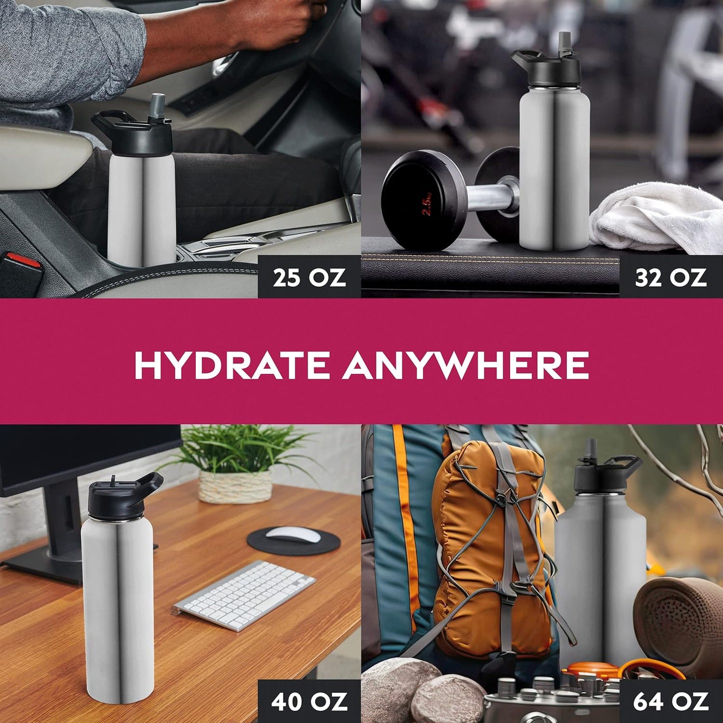 FineDine Water Bottle - Stainless Steel Insulated Water Bottle with Straw Lid, Flip Lid & Wide-Mouth Cap - Keeps Hot and Cold - 25 Oz / 739ml - Pure Pearly White