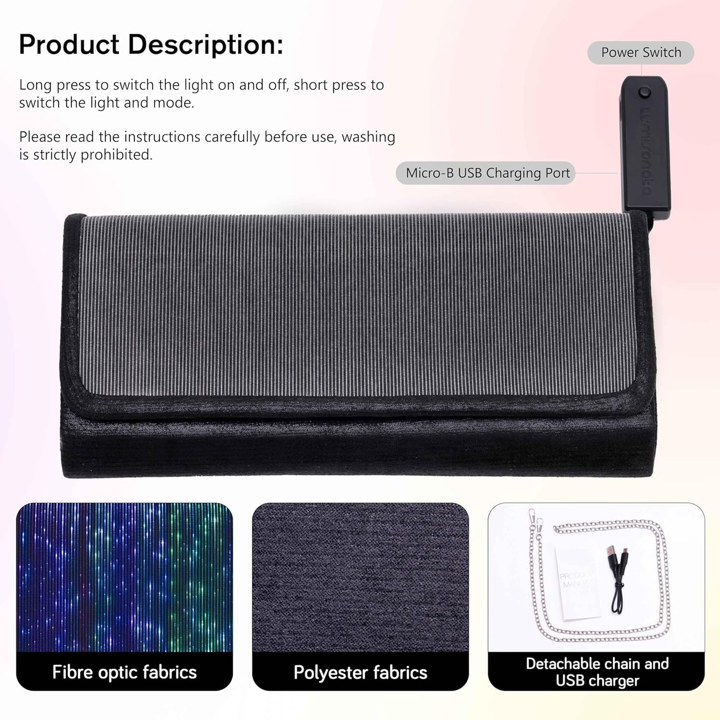 Larcenciel Clutch Purse for Women, LED Light Up Purse - 11 Neon Glow Modes, Holographic Evening Bag with Chain Strap, Rechargeable Party Handbag for Prom Disco Club Bar Night Events Weddings (Black)