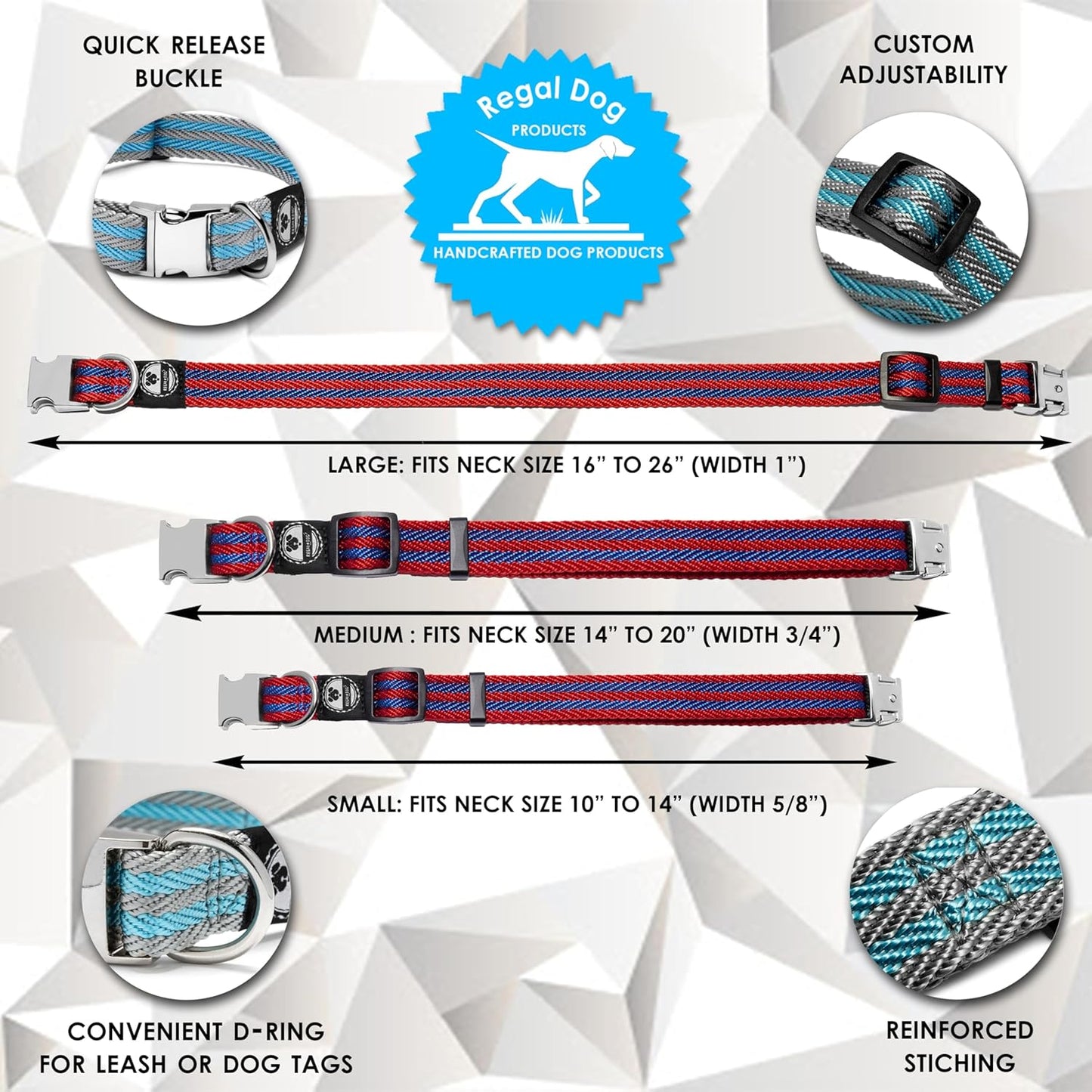 Regal Dog Products Pet Collar with Metal Buckle and D Ring | Durable Dog Collar with Reinforced Metal Clasp and Nylon Webbing Adjustable Dog Collar to fit for Large Dogs (Large, Blue/Gray Stripe)