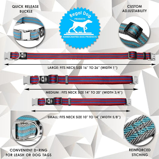 Regal Dog Products Pet Collar with Metal Buckle and D Ring | Durable Dog Collar with Reinforced Metal Clasp and Nylon Webbing Adjustable Dog Collar for Small Dog or Puppy (Small, Blue/Gray Stripe) - PuriLite