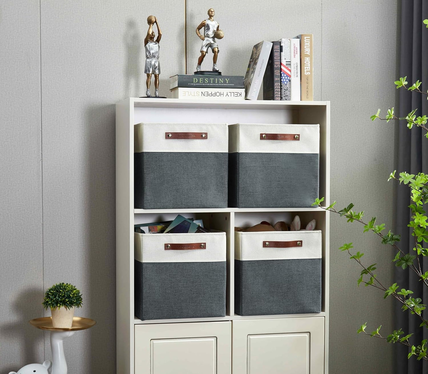 DECOMOMO Fabric Cube Storage Bin - Storage Baskets for Shelves, Kallax (Grey & White, 13 inch Cube) - 4 Pack