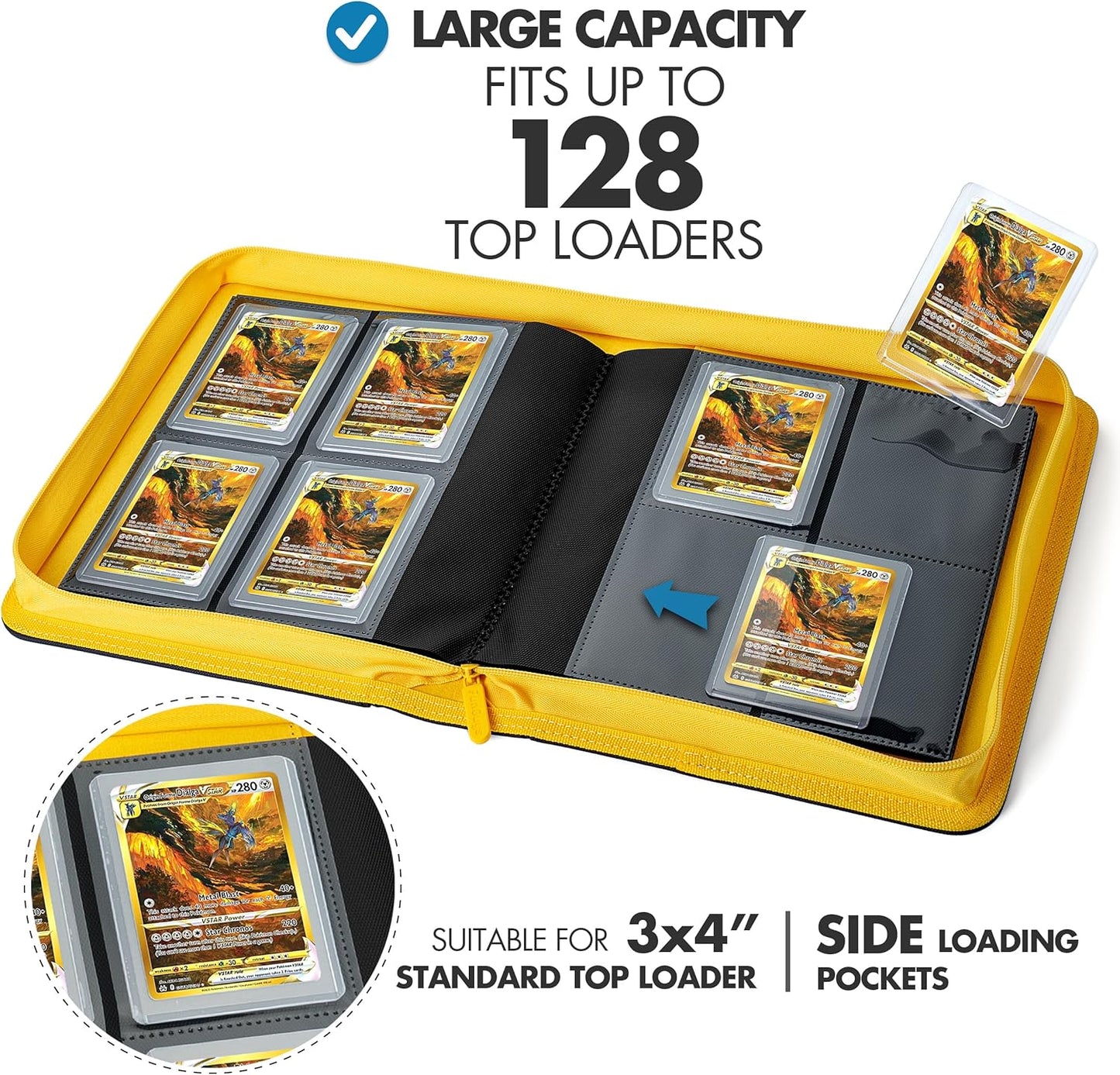 FunGuys Toploader Binder, Trading Card Binder Storage,128 4 Pocket Top Loader Pokemon Binder, Card Collection Yugioh Cards, MTG, TCG, Folders for Trading Cards