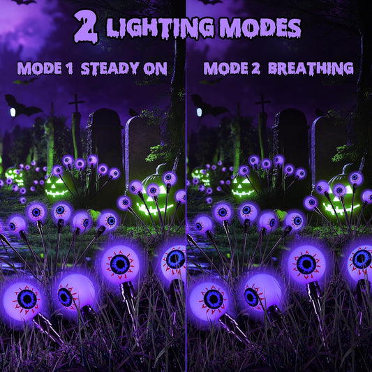 iBaycon 2 Pack 12 LED Solar Eyeball Lights, Halloween Decorations Firefly Lights Outdoor Waterproof, 2 Modes Solar Powered Swaying Light for Yard Garden Landscape Decor (Purple)