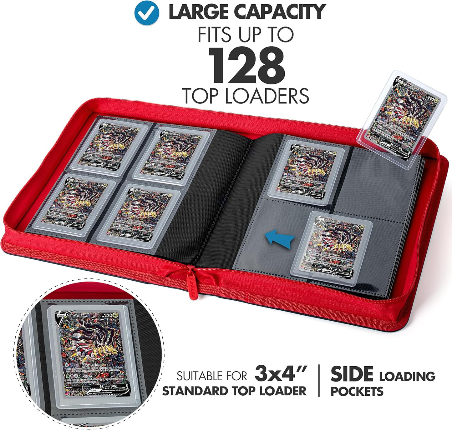 FunGuys Toploader Binder, Trading Card Binder Storage,128 4 Pocket Top Loader Pokemon Binder, Card Collection Yugioh Cards, MTG, TCG, Folders for Trading Cards