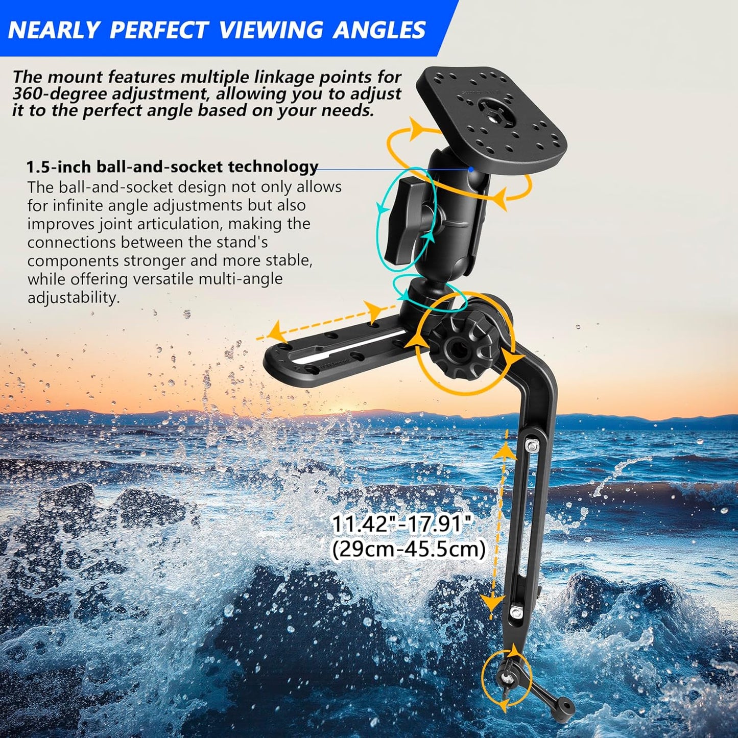 Velpaw 1.5" Ball Kayak Fish Finder Mount with Transducer Mounting Arm, Marine Electronic Mount Plate with Low Profile Track, Compatible with RAM Mounts, Scotty, Lowrance, Garmin