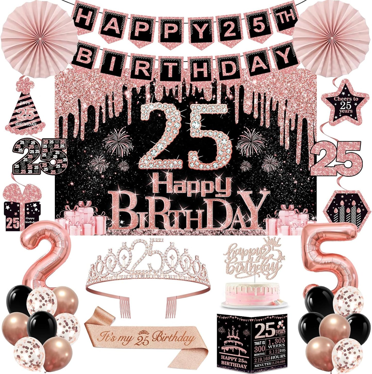 40th Birthday Decorations for Women,32pcs 40th Birthday Party Decorations,Including Backdrop, Crown,Sash,banner, Hanging Swirl,Cake Topper,balloons,Paper Fans,Anniversary Card and paper fans