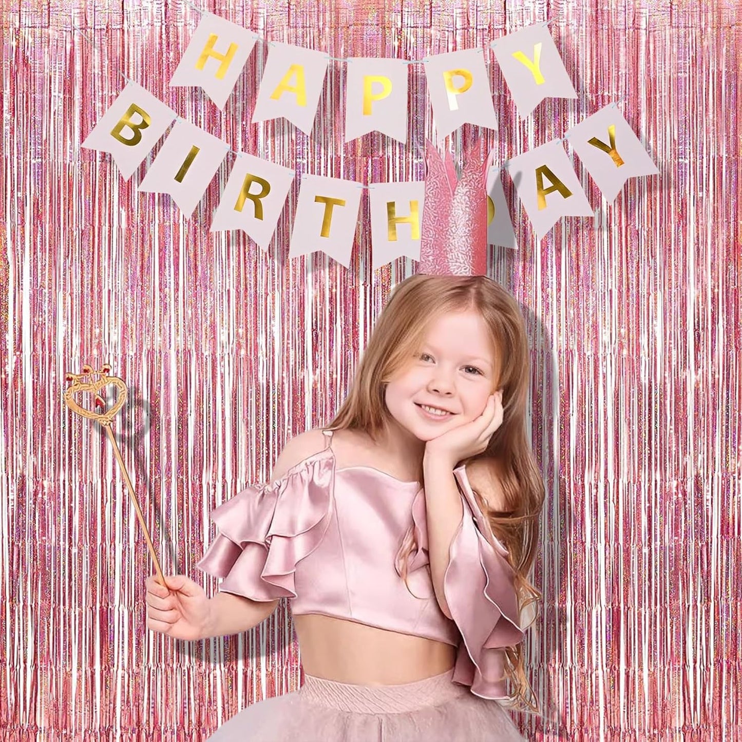 BRAVESHINE Pink Glitter Tinsel Foil Fringe Curtain - 2 Pcs 3.2x8.2 ft Metallic Party Supplies Photo Backdrop for Girl Princess Birthday Unicorn Bachelorette Butterfly Bridal Shower Party Decorations