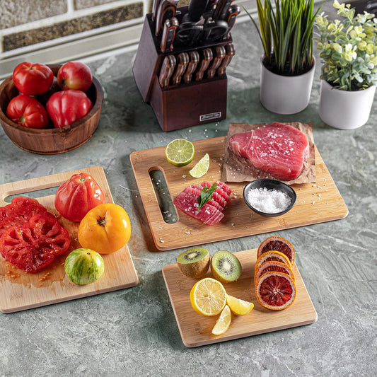 Bamboo Cutting Board Set - 3 Piece Wooden Cutting Board, 3 Assorted Sizes of Bamboo Wood Cutting Boards for Kitchen - Chopping Board for Food Prep, Chopping, Carving Meat, Fruits, Vegetables - PuriLite