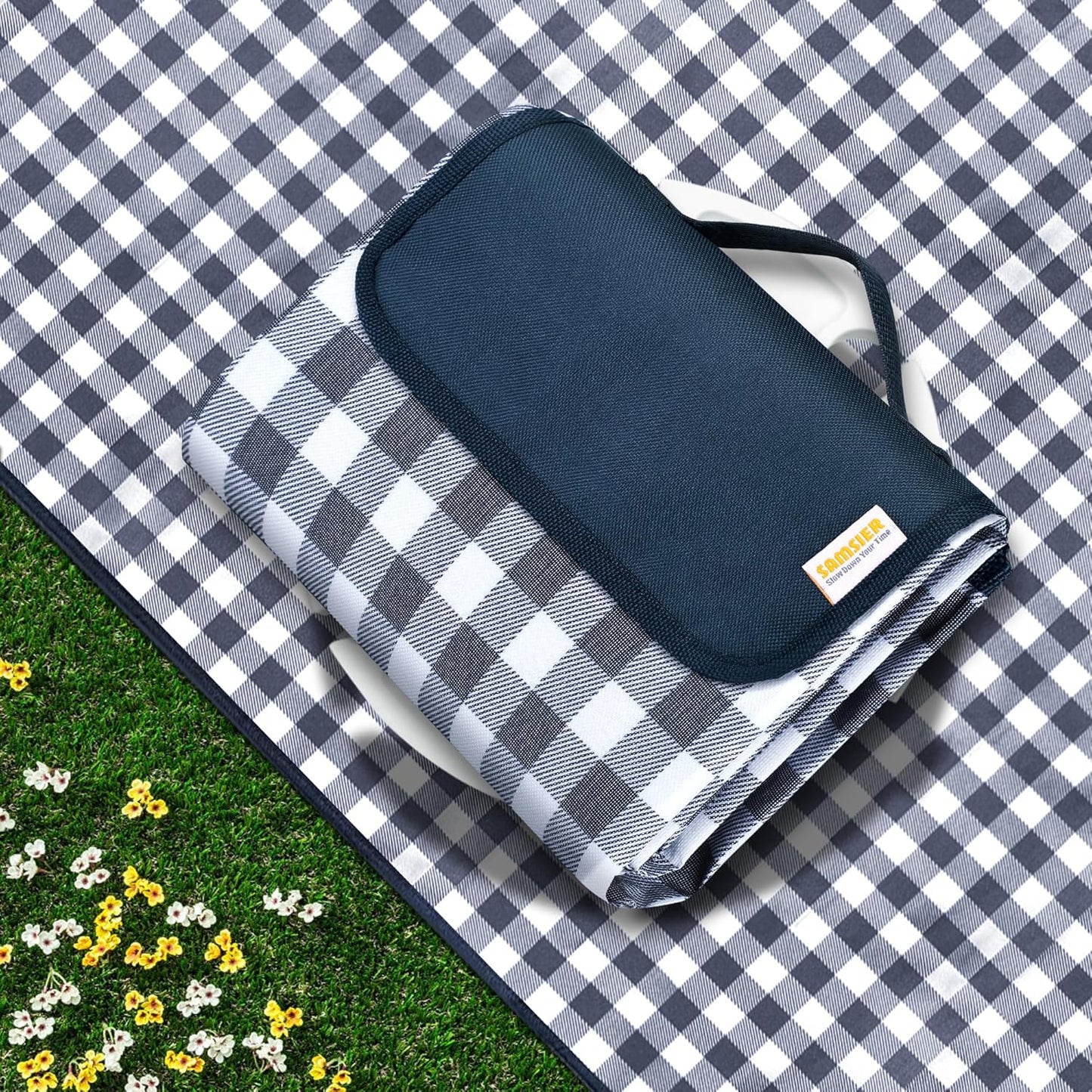 SAMSIER Large Outdoor Picnic Blankets Waterproof Foldable, Beach Blanket Sandproof Portable, Cute Picnic Mat Washable (Navy Blue, 60"×80")