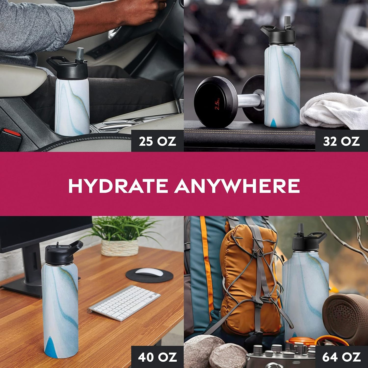 FineDine Water Bottle - Stainless Steel Insulated Water Bottle with Straw Lid, Flip Lid & Wide-Mouth Cap - Keeps Hot and Cold - 25 Oz / 739ml - Pure Pearly White