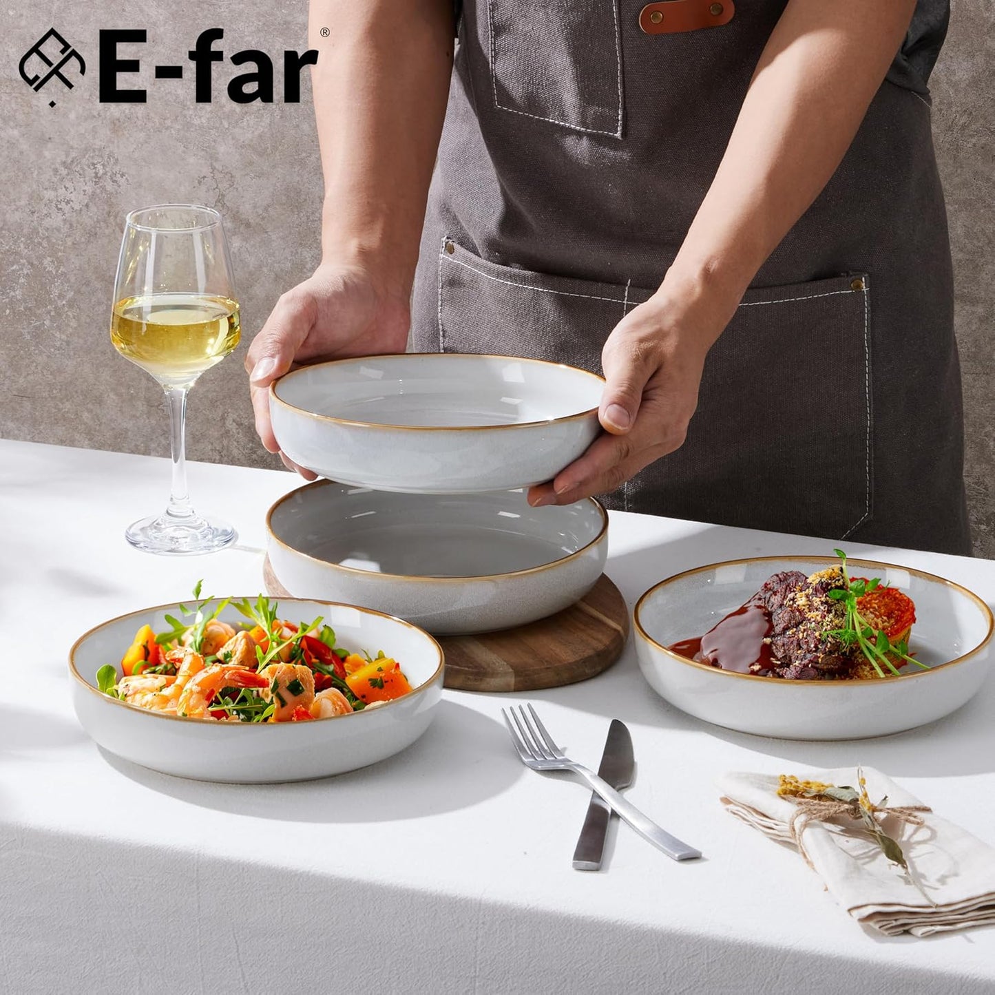 E-far Pasta Bowls Set of 4, 35oz Large Salad Bowls for Serving, Wide and Shallow Ceramic Bowls Plates for Pasta, Double Reactive Glaze, Microwave and Dishwasher Safe, Seashell White