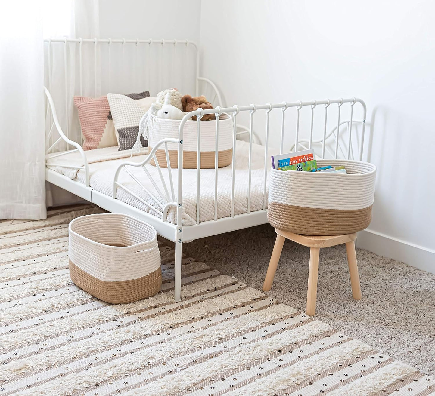 OrganiHaus Soft Woven Baskets for Storage Organization Set of 3, Cotton Rope Nursery Storage Baskets for Shelves, Square Book Bins, Bathroom Towel Hamper, Dog Toy Bins, Panier Rangement - Light Honey