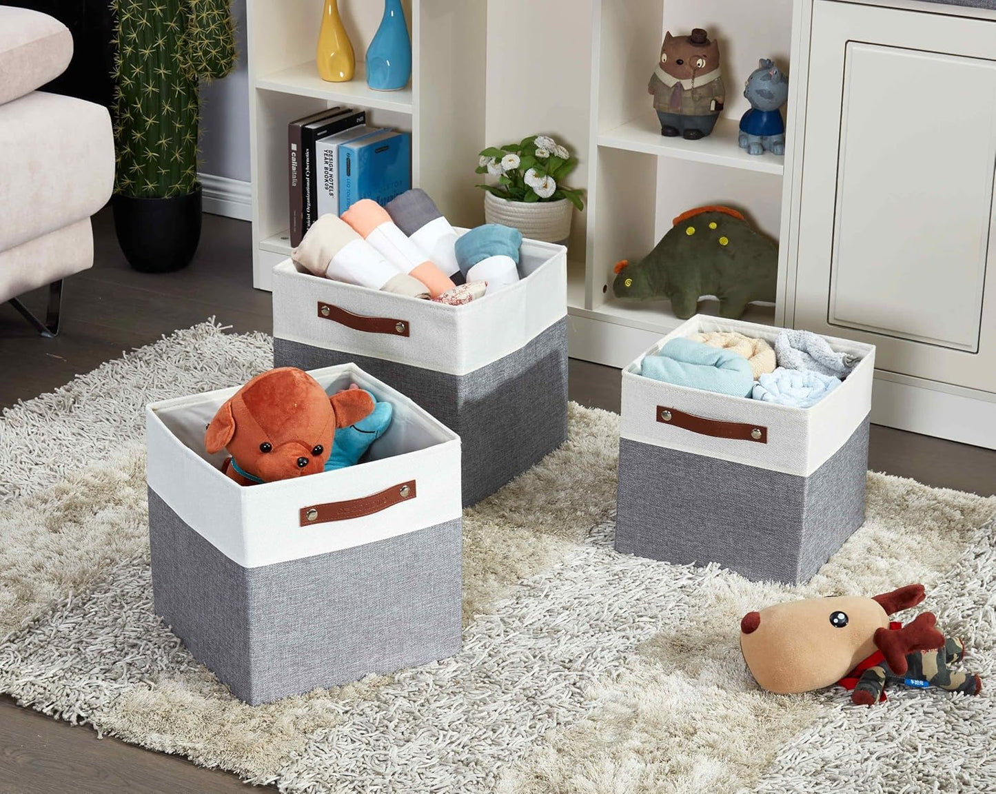 DECOMOMO Fabric Cube Storage Bin - Storage Baskets for Shelves, Kallax (Grey & White, 13 inch Cube) - 4 Pack