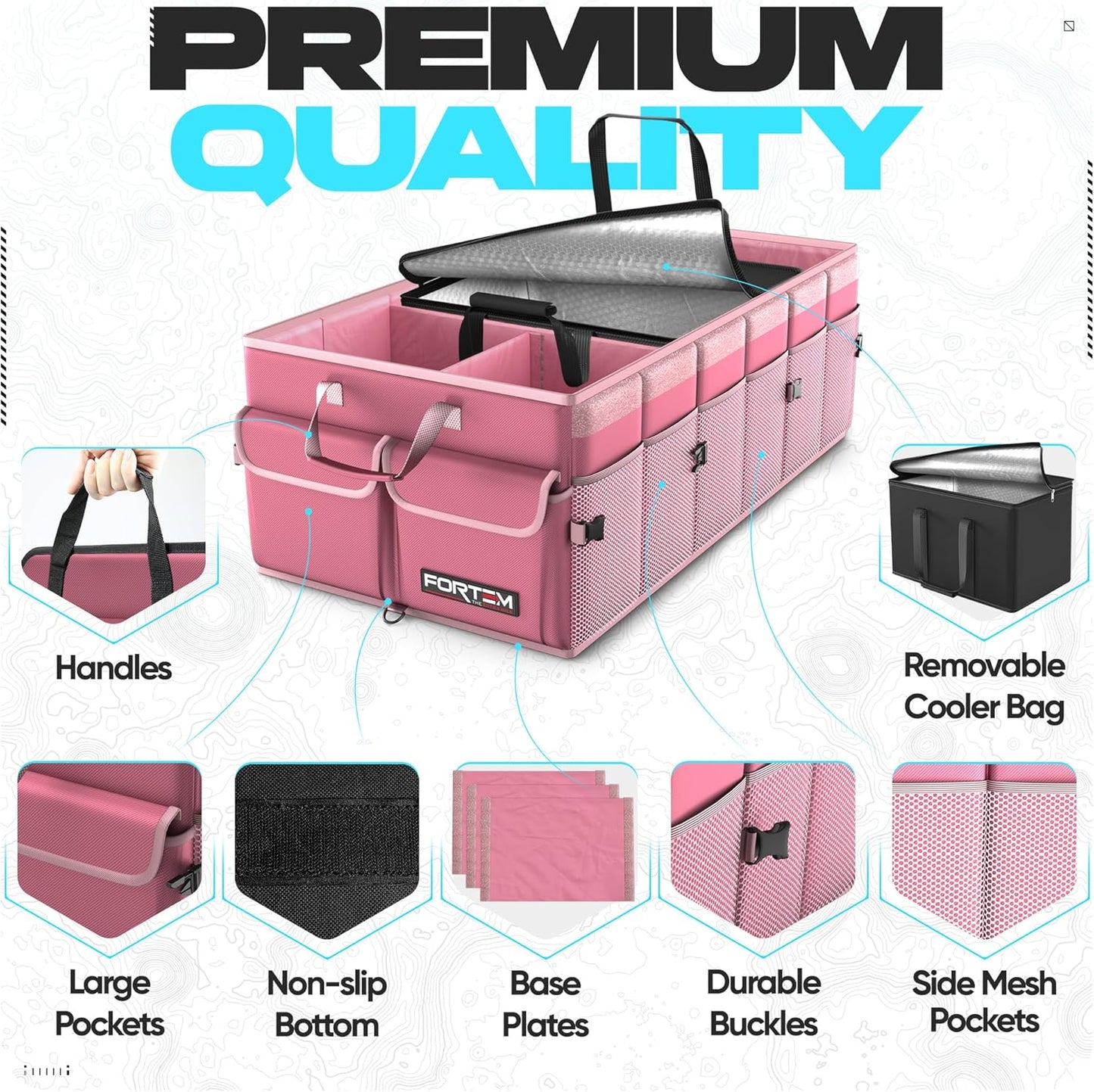 FORTEM Car Trunk Organizer, Collapsible Multi Compartment Car Organizer, Foldable SUV Storage for Car Accessories for Women Men, Non Slip Bottom, Securing Straps, Soft Cover 50L (Black, Standard)