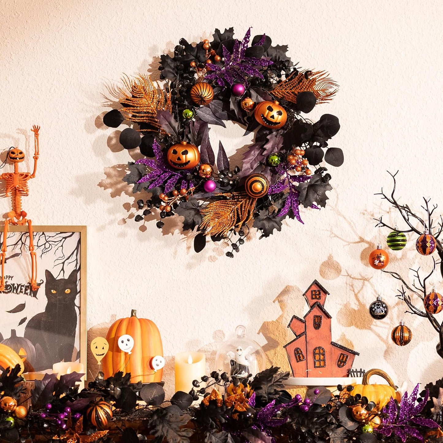 Valery Madelyn Halloween Wreath for Front Door with Lights, 18inch Pre-Lit Jack-o'-Lantern Pumpkin Wreath Halloween Decorations for Centerpiece Window Indoor Party Holiday Wall Home Decor
