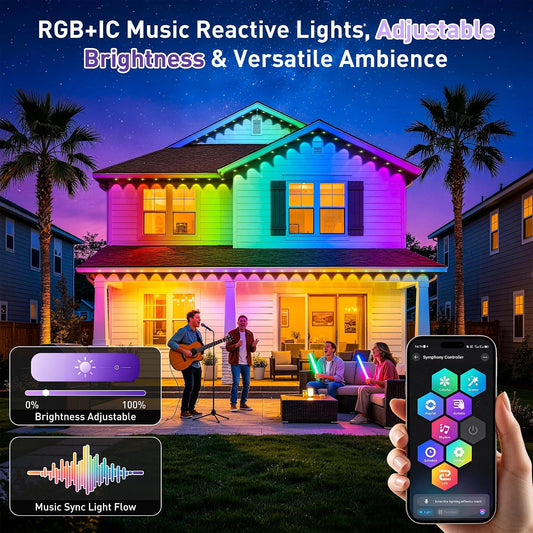 100FT Permanent RGB+IC Eave Lights, IP67 Waterproof Outdoor LED Strip Lights, App & Remote Control, Music Sync, Dimmable Color Changing Lights for Christmas Halloween Holiday House Home Decor