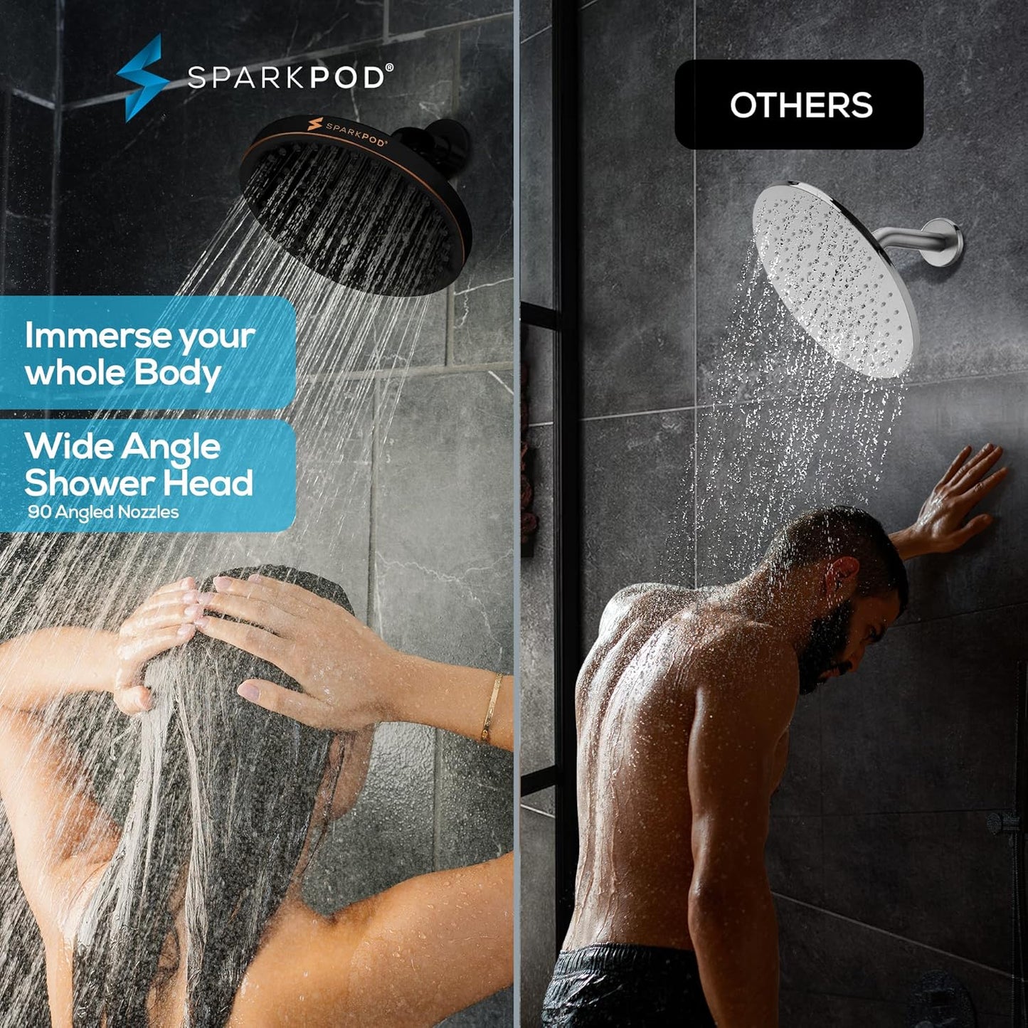 SparkPod Shower Head - High Pressure Rain - Premium Quality Luxury Design - 1-Min Install - Easy Clean Adjustable Replacement for Your Bathroom Shower Heads (Luxury Polished Chrome, 6 Inch Round)