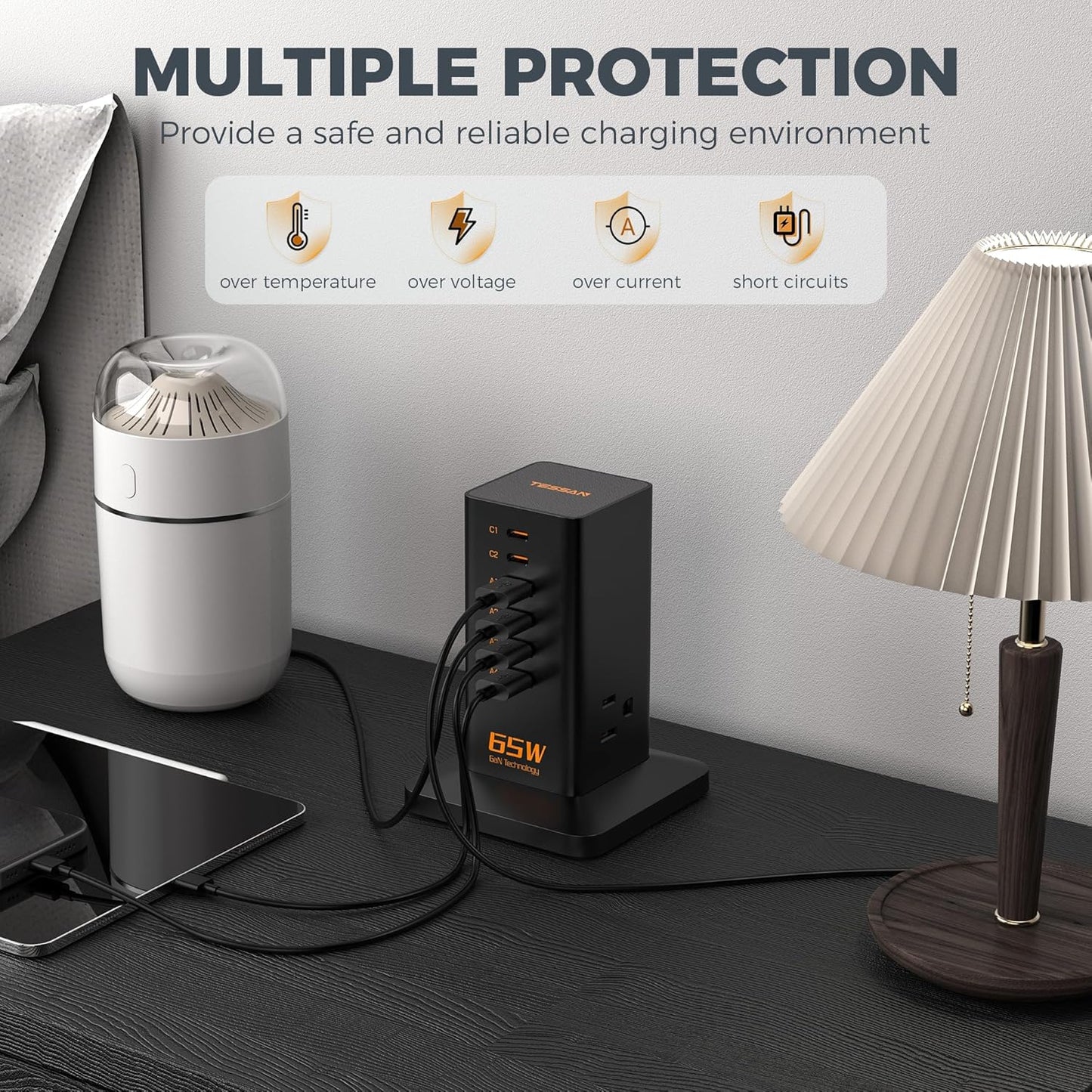 Charging Station, TESSAN 65W Max GaN USB C Charger Block, 6-Ports and 3 AC Outlets Power Tower, Fast Charging for Multiple Devices, Compatible with iPhone, Samsung and More